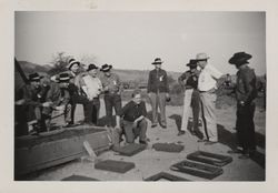 E Clampus Vitus members making adobe bricks at Petaluma's Old Adobe, Petaluma, California, April 12, 1958