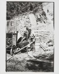 Worker loading wheelbarrows with concrete on the site of reconstruction of St. Elizabeth's, Guerneville, California, 1935