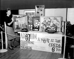 Maria Currier at Artrium '67 booth advertising "A Night at the Opera.", Santa Rosa, California, November 21, 1966