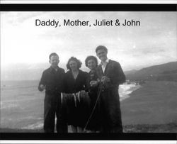 Russell Nissen, Edna Begley, Juliet Begley and John Begely holding up a string of fish in Sonoma County, California, about 1938