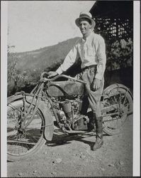 Herald Amos Callison on his motorcycle, Sonoma County, California, 1920s