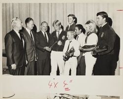 FFA winners show their awards to politicians at the Sonoma County Fair, Santa Rosa, California, about 1968