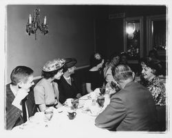 Miss Sonoma County candidates and judges in the Topaz Room, Santa Rosa, California, 1959