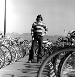 Mattei Brothers men's and women's fashions modeled amongst the bicycles at Sonoma State