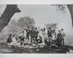 Young adults have a picnic on Fitch Mountain, Healdsburg, California, 1880s