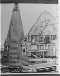 Raising the steeple of Church of One Tree at its Juliliard Park (Santa Rosa, California) location