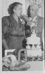 Patrick A. and Lenora C. Talamantes on their 50th wedding anniversary, Petaluma, California, about 1953