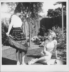 Miss Sonoma County and Jo Ann Scott posing for an Old Adobe Days promotion, Petaluma, California, 1963