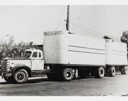 Nielsen Freight Lines semi truck park on a city street, Petaluma, California, about 1954