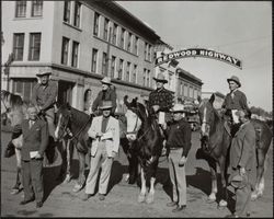 Four Redwood Rangers leave for California State Horsemen s Association Convention, Redwood Highway, Santa Rosa, California, October 12, 1947