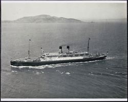 Aerial view of the SS Taiyo Maru just west of the Golden Gate, California, 1920s