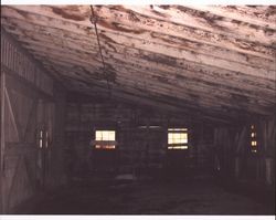 Shed-roofed room on left side of slivery stable that stood at the corner of D and First Street, looking toward First Street side inside, Petaluma, California, Sept. 25, 2001