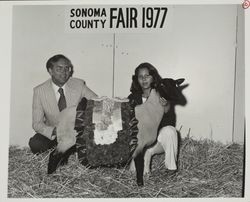 Tawni Muelrath and her FFA Reserve Grand Champion Suffolk lamb at the Sonoma County Fair, Santa Rosa, California, 1977