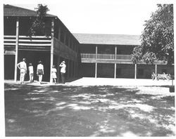 Families entering the building at the Petaluma Adobe State Historic Park, Petaluma, California, 1963