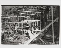 Workers building retaining wall forms on the site of reconstruction of St. Elizabeth's, Guerneville, California, 1935