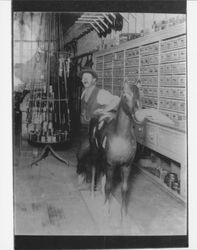 Wooden horse in Northrup-Meyers harness shop, Petaluma, California, 1908