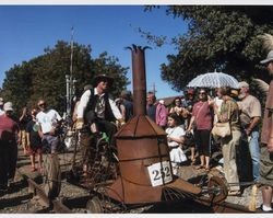 Todd Barricklow piloting Steam Pedal, his handcar entry in the Great Handcar Regatta at Railroad Square, Santa Rosa, Sept. 28, 2008