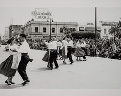 Polka dancers perform during the Rose Parade, Santa Rosa, California, 1950s