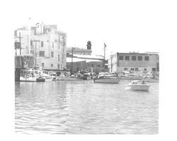 Motor boats on the Petaluma River near G. P. McNear Co., Petaluma, California, summer 1960