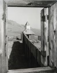 Russian Orthodox Chapel at Fort Ross as seen from above, Fort Ross, California, 1950s