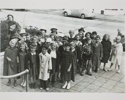Children lined up in front of Petaluma Carnegie Library, 20 Fourth Street, Petaluma, California, 1941