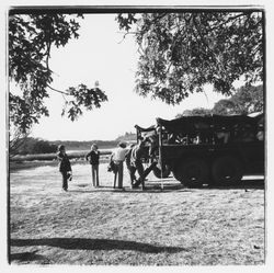 Passengers getting off National Guard trucks at Annadel, Santa Rosa, California, 1971