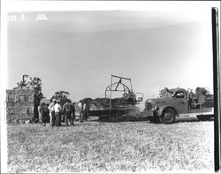 Hay baler fire at the Manuel Augustine Ranch, Petaluma, California, 1955