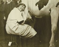 Lily Ramatici poses for a picture while milking a cow at the Panama Pacific International Exposition world's fair in San Francisco, California, 1915