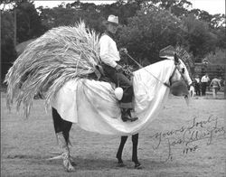 Joseph C. Wayne sitting on a horse that is dressed like a chicken, 1945