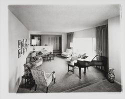 Living rooms of Hidden Valley subdivision model homes, Santa Rosa, California, 1966