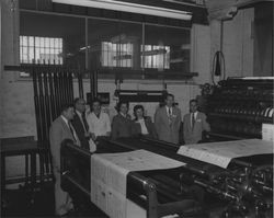 Dignitaries observing the printing of the Petaluma Argus-Courier, Petaluma, California, 1955