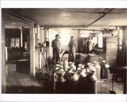 Art Spolini standing between two unidentified men at Chandler's Dairy, Petaluma, California, 1926