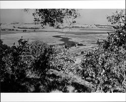 View of Petaluma River, Highway 101, and the Haystack House (aka Walls House), Petaluma, California, 1973