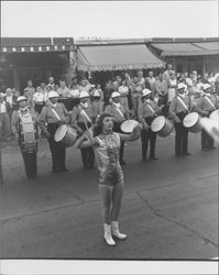 Majorettes and bands in the Sonoma-Marin Fourth District Fair parade, Petaluma, California, 1955