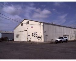 Front and left side of warehouse at 425 First Street, Petaluma, California, from the corner of G and First streets, Sept. 25, 2001