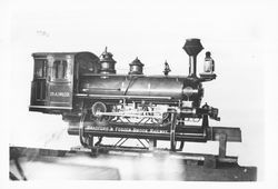Bradford & Foster Brook Railway engine of the type used on Sonoma Valley Prismoidal Railroad, Sonoma, California, about 1885
