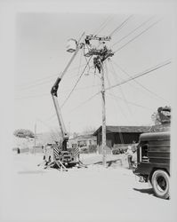 City of Healdsburg Electrical Department at work on transformers, Healdsburg, California, 1961