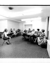 Miss Sonoma County candidates being interviewed by a panel, Santa Rosa, California, 1969