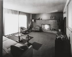 Living rooms in model homes at Petaluma Gardens, Petaluma, California, 1966