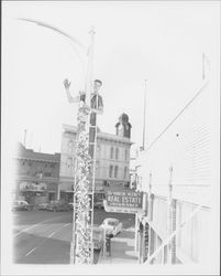 Young man on a ladder at a light pole decorated for a fund drive, Petaluma, California, about 1955