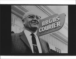 Duncan Olmsted in front of Argus Courier Office, Petaluma, California, 1955