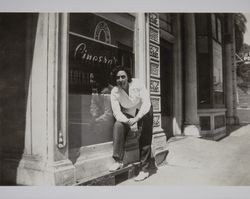 Leontina "Lee" Cincera in front of Cincera's restaurant, Petaluma, California, 1940s