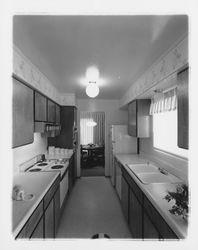 Kitchen of a Young America model home at Oak Lake Green subdivision, Petaluma, California, 1964