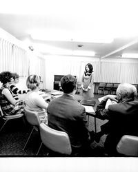 Miss Sonoma County candidates being interviewed by a panel, Santa Rosa, California, 1969