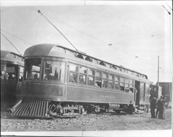 Petaluma and Santa Rosa Railway Company car boarding passengers at the Petaluma, California yard, about 1907