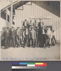 Giuseppe Bagnani and group of men outside the Northwest Pacific Railroad depot in Geyserville, California in the late 1930s