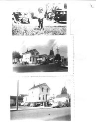 Child with umbrella and two views of a barber shop, Petaluma, California, about 1938