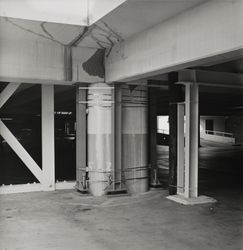 Views of wooden timber and steel beam reinforcements inside the B Street parking garage, Santa Rosa, California, November 26, 1968