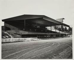 New racetrack grandstand under construction at the Sonoma County Fair, Santa Rosa, California, 1961