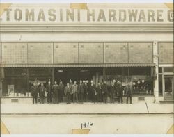 Group of employees standing outside of the A. F. Tomasini Hardware stores at 120 Kentucky Street, Petaluma, California in 1916